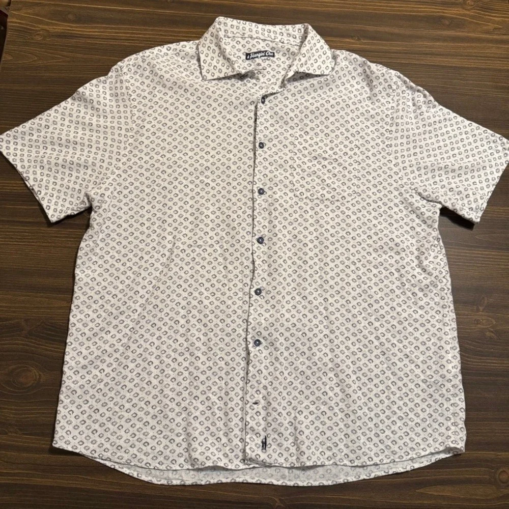 johnnie-O Hanging Out Button Down Shirt Mens XL Linen Blend White AOP Vacation